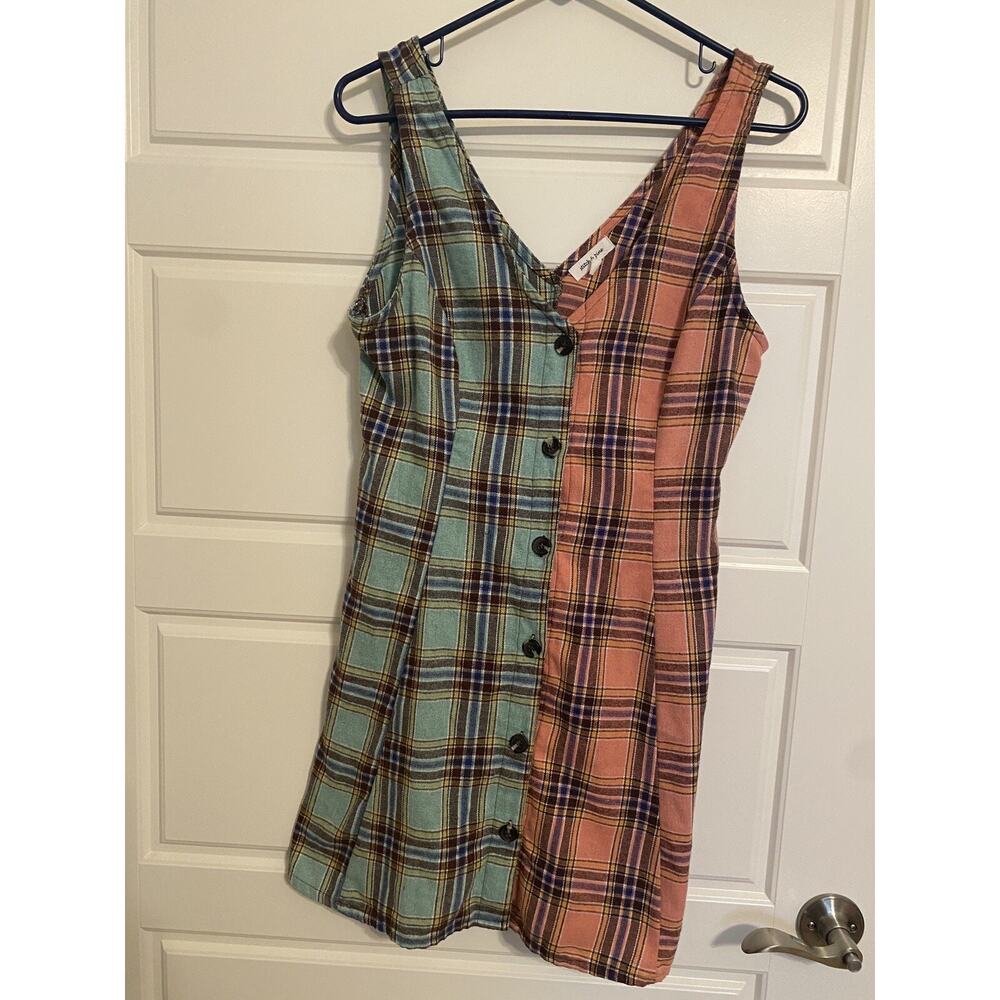 Stitch & Pine Mini Dress Button Front Multi Tone Check Plaid Sz L Green Orange